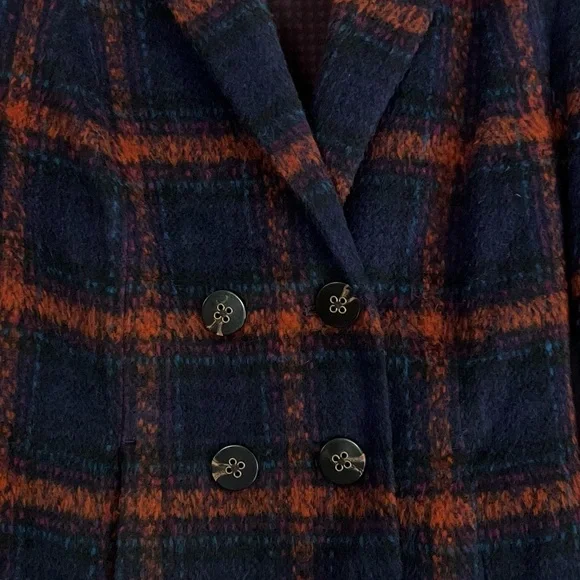 CAbi Checkmate Plaid Double Breasted Peacoat Blue/Orange Coat Women’s - Picture 4 of 9